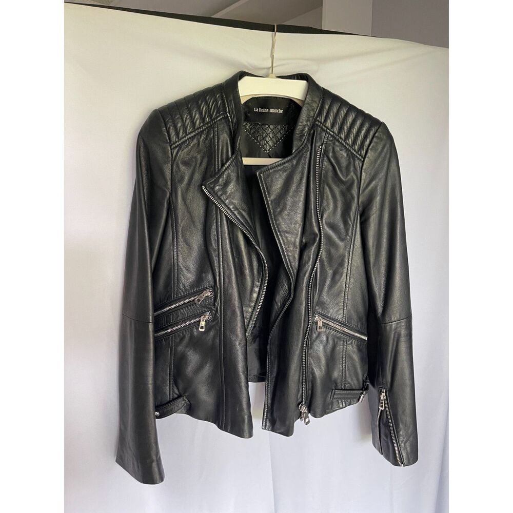 Vintage La Reine Blanche Black Leather Moto Jacket, Size US 8/10
